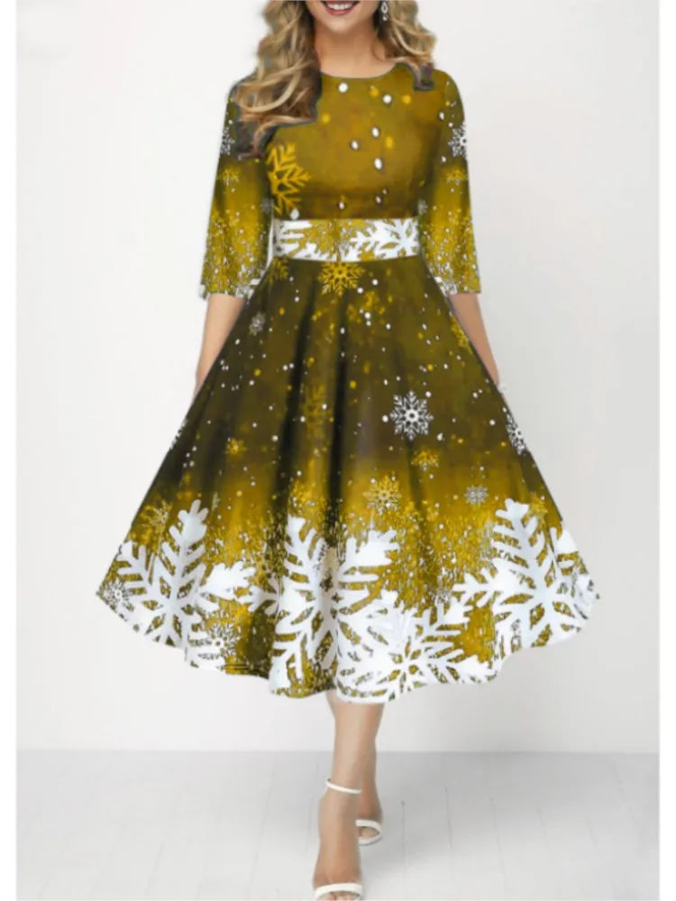 Autumn Winter New Snowflake Digital Print Women's 3/4sleeves Christmas Dress Fashion Waist Elegant Female A Line Christmas Dress Beauty hair & fashionfj