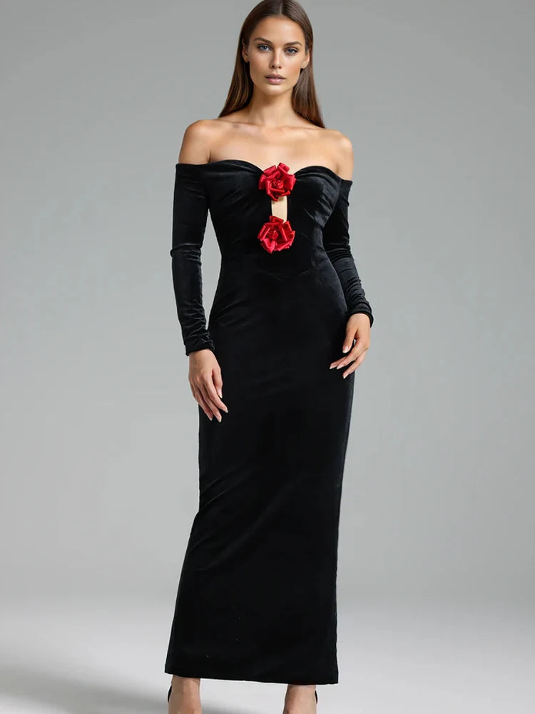 Elegant Off Shoulder Velvet Gown with Red Rose Appliqué – Black Romantic Dinner Luxury Evening Events Long Dresses Vestidos Beauty hair & fashionfj