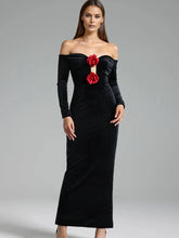 Elegant Off Shoulder Velvet Gown with Red Rose Appliqué – Black Romantic Dinner Luxury Evening Events Long Dresses Vestidos Beauty hair & fashionfj