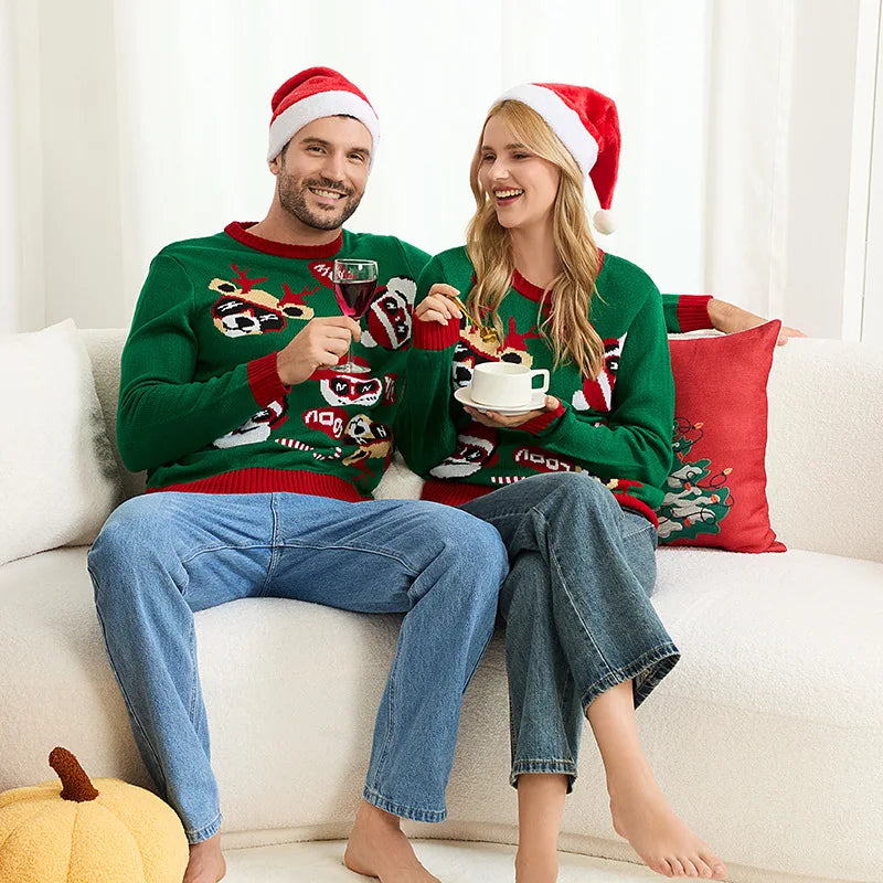 Christmas Family Look Sweater Full Sleeve O Neck Knitwear Cartoon Cute Jacquard Jumpers Parent-child Matching Outfits Xmas Wear