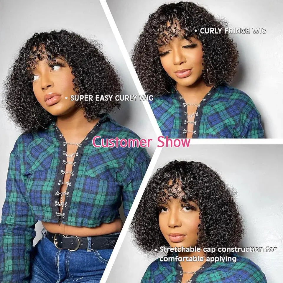 Short Bob Curly Human Hair Wigs Ombre Brazilian Remy Hair WIgs With Bangs Full Machine Made 180% Density Wigs For Black Women Beauty hair & fashionfj
