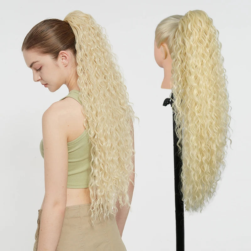 Julianna Synthetic Kanekalon Black Drawstring Water Wave Ponytail Extension Female Curly Wavy Clip In Ponytail Hair Extension