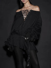 TWOTWINSTYLE Solid Lace Up Loose Dresses For Women Slash Neck Long Sleeve High Waist Designer Mini Dress Female Fashion Style Beauty hair & fashionfj