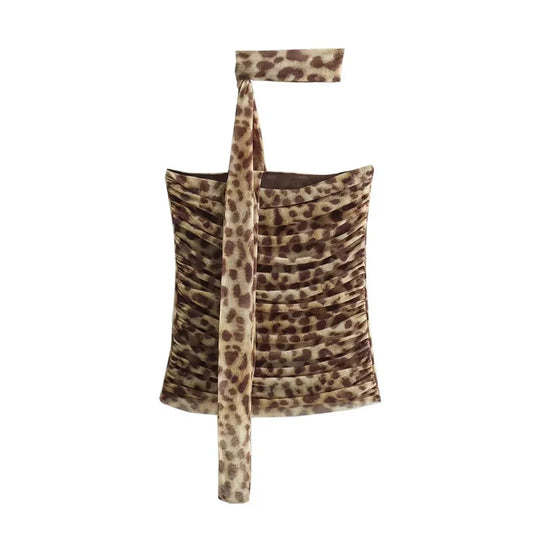 MUJER Leopard Print Tulle Crop Top Woman Ruched Off Shoulder Bandeau Top Women Sleeveless Backless Tube Top Summer Sexy Tops Beauty hair & fashionfj