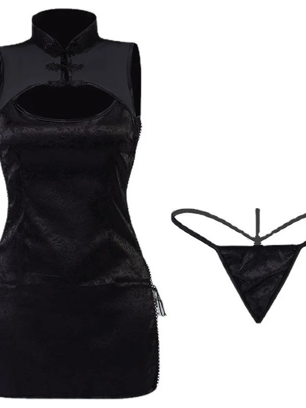 Sexy Cheongsam Mini Dress Mesh Lace Sheer Charming Underwear Uniform Transparent Slim Side Straps Dress Elegant Tops HE1O Beauty hair & fashionfj