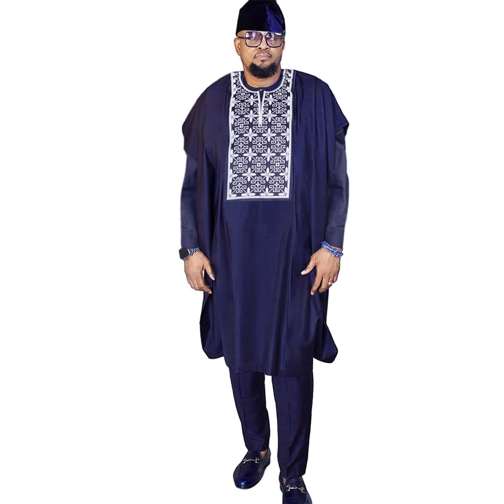 H&D African Suit For Men Robe Shirt Pants Set Long Sleeve Tops Embroidery Agbada Clothes Blue Africain Homme Traditional Robes Beauty hair & fashionfj