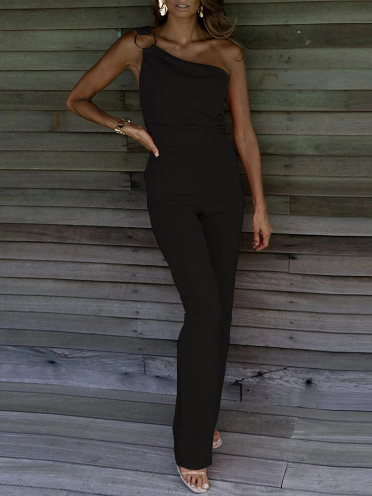 Sexy Backless Sleeveless Jumpsuit Summer Women Elegant Diagonal Collar One Shoulder Playsuits Fashion Solid Slim Ladies Rompers Beauty hair & fashionfj