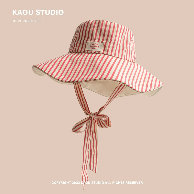 Korean Version Ins Retro Striped Big Brim Sun Hats for Women Summer Travel Sunscreen Versatile Fashion Strap Bucket Hat Beauty hair & fashionfj