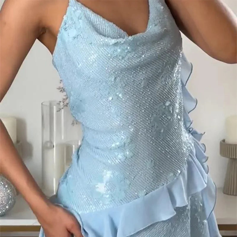 Glitter Flounce Mini Dress Woman Cinched Waist Sleeveless A-Line Halter Dresses Sexy Chic Women's Fashion Summer Short Dresses Beauty hair & fashionfj