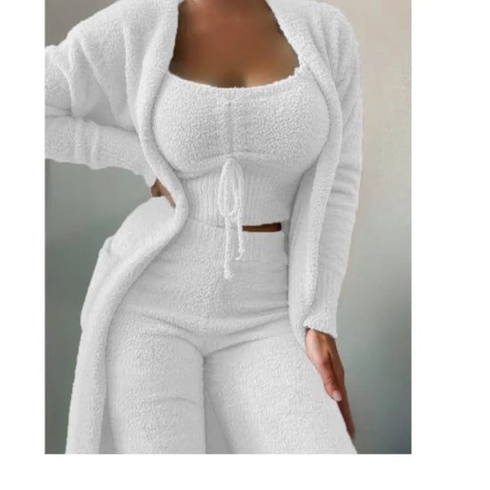Fashion Plush Lace Up Cardigan 3 Piece Women&