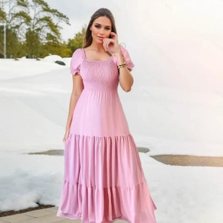 Cross-Border Pure Color Square Collar Long Dress Splice Design Commute Friendly Elegant Maxi Gown for Women Beauty hair & fashionfj