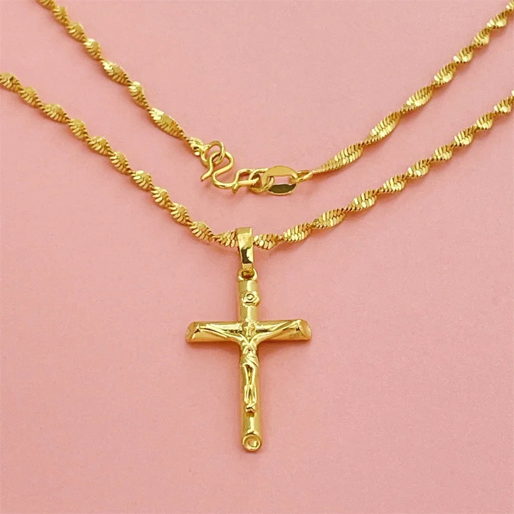 24K Gold AU999 Necklace | 3D double - layer cross, stacked with pearl chain, elegant & layered
