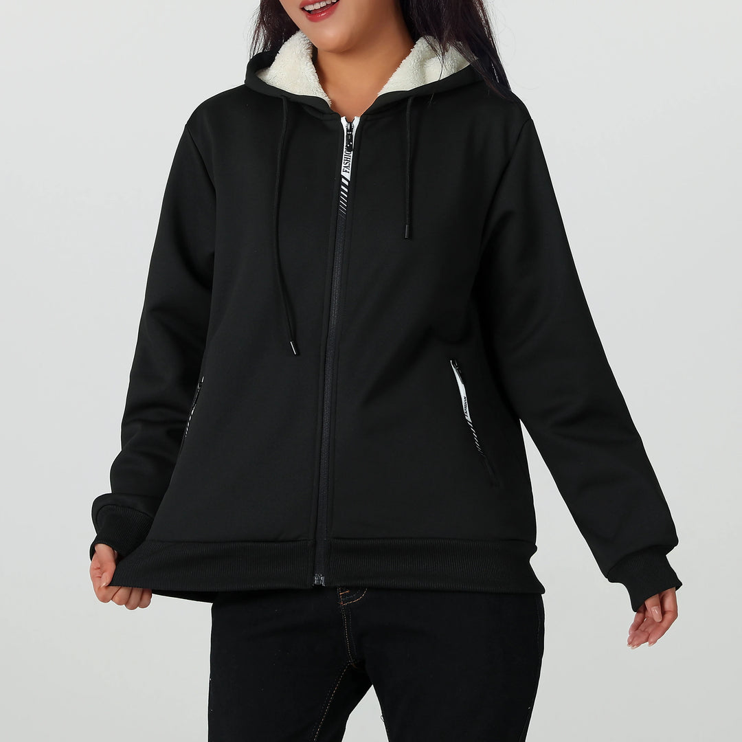 A Winter Women's Jacket, Fleece-Lined and Thickened for Warmth, Loose Casual Women's Outerwear, Polyester Fabric, Zip-Up Front, Side Zipper Pockets, Solid Color Hooded Jacket, Hidden Large Pockets Inside