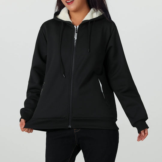 A Winter Women's Jacket, Fleece-Lined and Thickened for Warmth, Loose Casual Women's Outerwear, Polyester Fabric, Zip-Up Front, Side Zipper Pockets, Solid Color Hooded Jacket, Hidden Large Pockets Inside