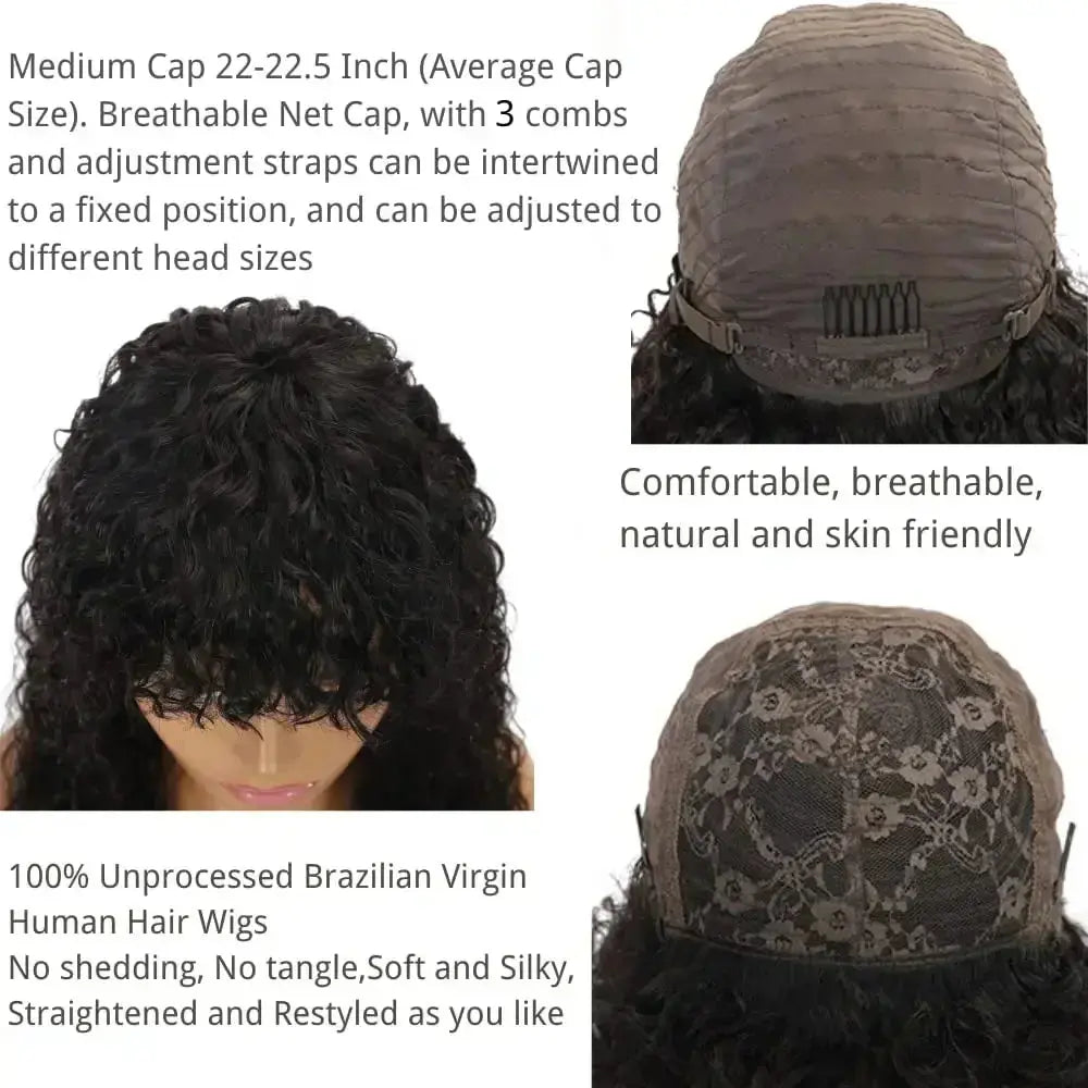 Curly Human Hair Wigs With Bangs 180% Density Water Wave Virgin Human Hair Full Machine Made Curly Glueless Wigs For Black Women Beauty hair & fashionfj