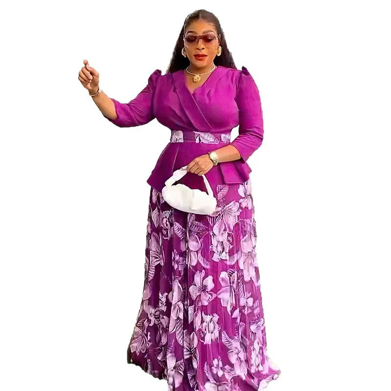 2 Piece African Clothes for Women Summer Fashion African Half Sleeve V-neck Polyester Printing Top Long Skirt Matching Sets 2025 Beauty hair & fashionfj