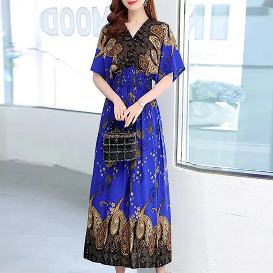 Summer Trend Ethnic V-Neck Printed Women's Dress Vintage Elegant Batswing Sleeves Elastic Waist Large Swing Casual Holiday Dress Beauty hair & fashionfj