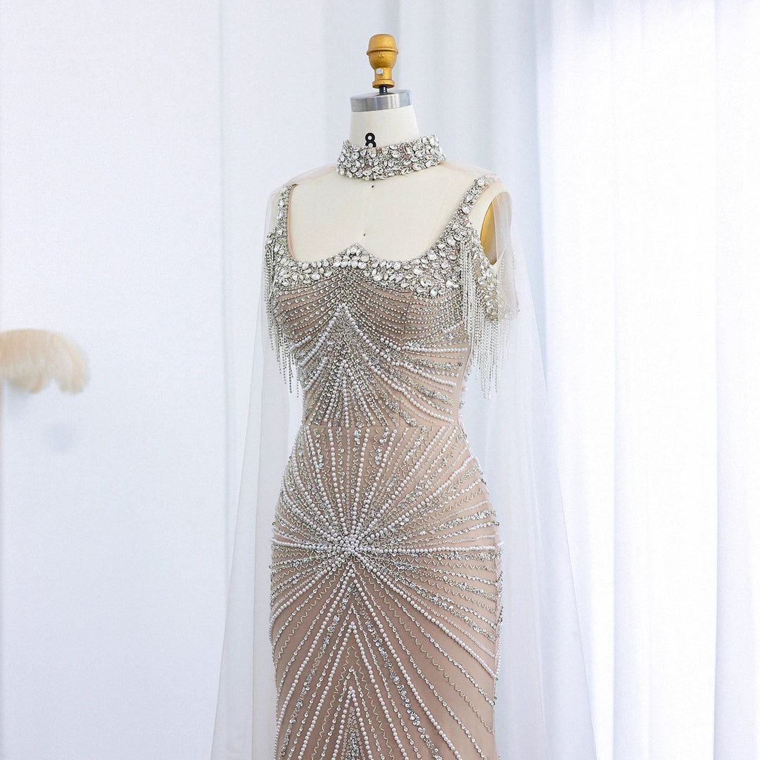 Sharon Said Luxury Tassel Silver Nude Mermaid Evening Dress with Cape Chocker Dubai Women Formal Party Gowns SS158 Customized Beauty hair & fashionfj