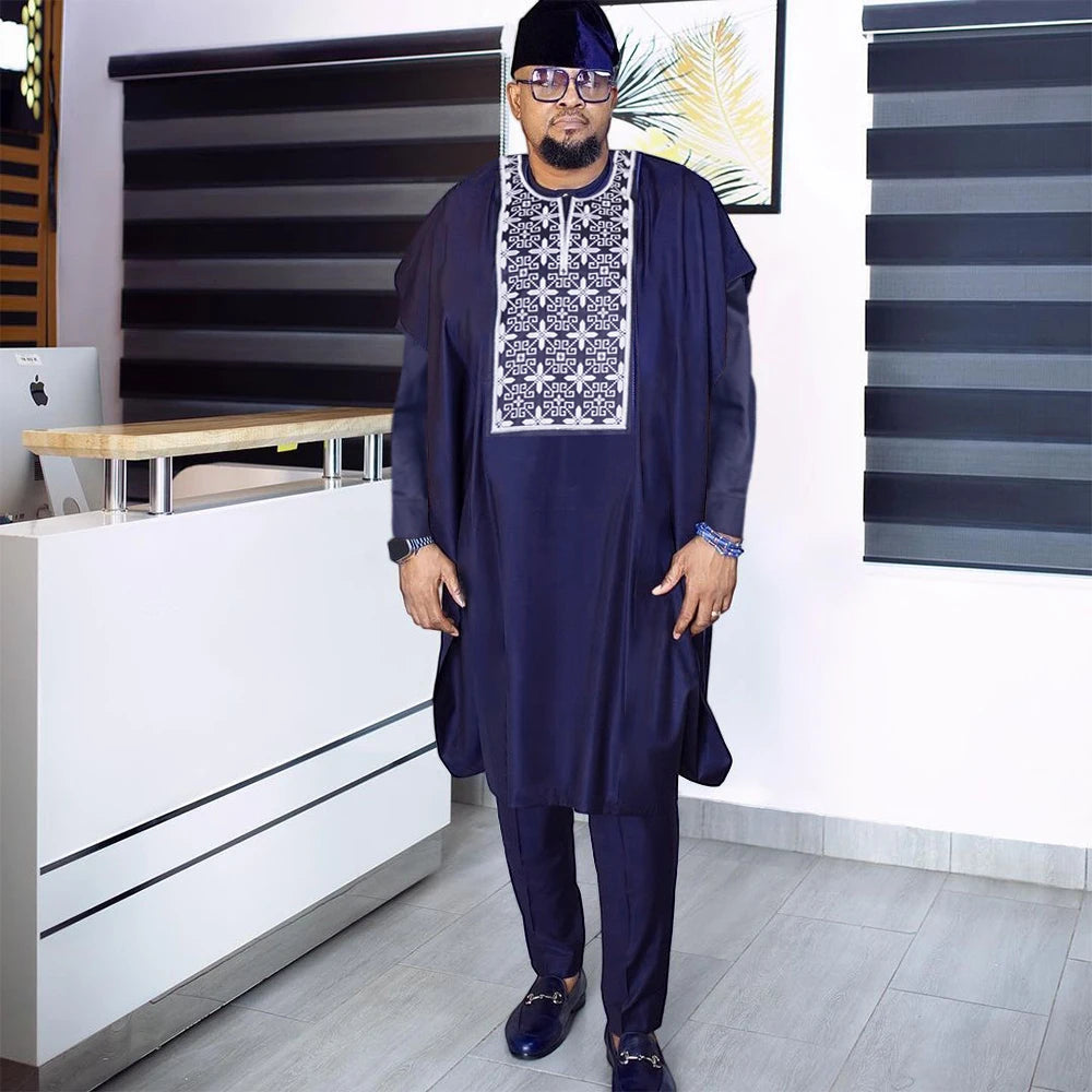 H&D African Suit For Men Robe Shirt Pants Set Long Sleeve Tops Embroidery Agbada Clothes Blue Africain Homme Traditional Robes Beauty hair & fashionfj