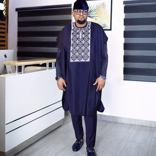 H&D African Suit For Men Robe Shirt Pants Set Long Sleeve Tops Embroidery Agbada Clothes Blue Africain Homme Traditional Robes Beauty hair & fashionfj