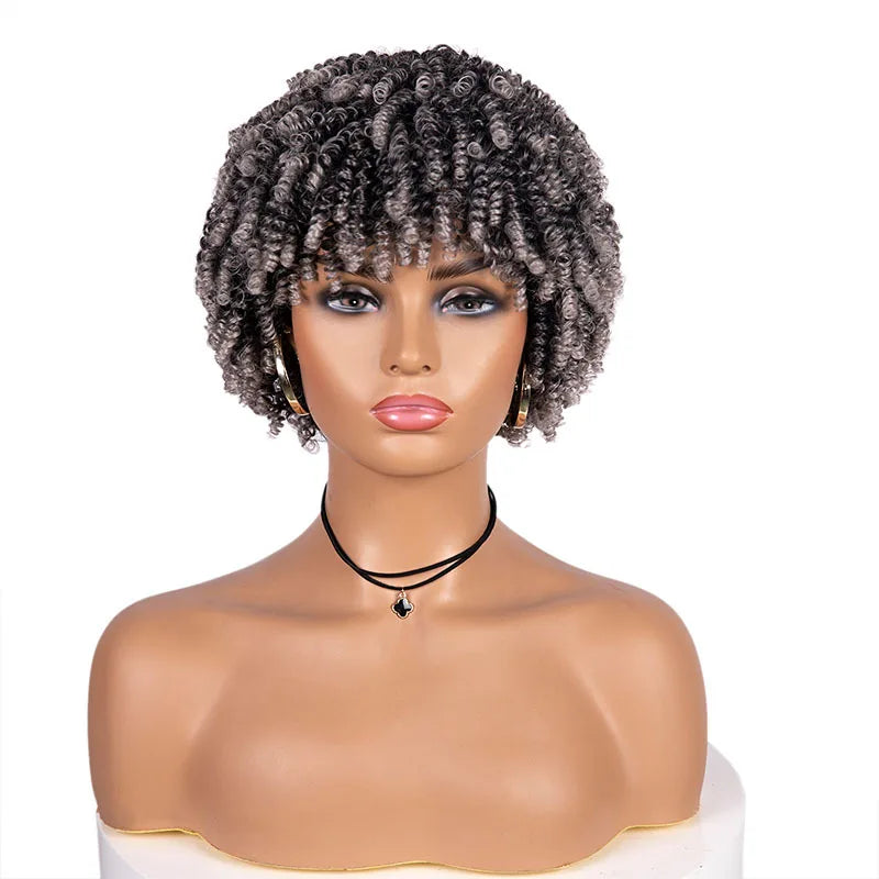 Short Kinky Curly Afro Synthetic Hair Wig for Black Women with Bangs Natural Cosplay