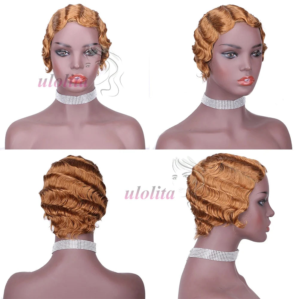 Short Finger Wave Wig Human Hair Wig For Women 99J Burgundy Brown Short Ocean Wave Wig Pixie Cut Wigs for Woman Natural Color Beauty hair & fashionfj