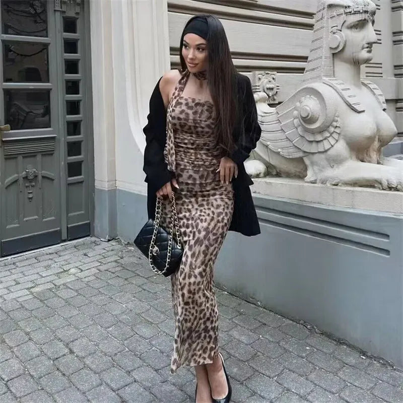 MUJER Leopard Print Tulle Crop Top Woman Ruched Off Shoulder Bandeau Top Women Sleeveless Backless Tube Top Summer Sexy Tops Beauty hair & fashionfj