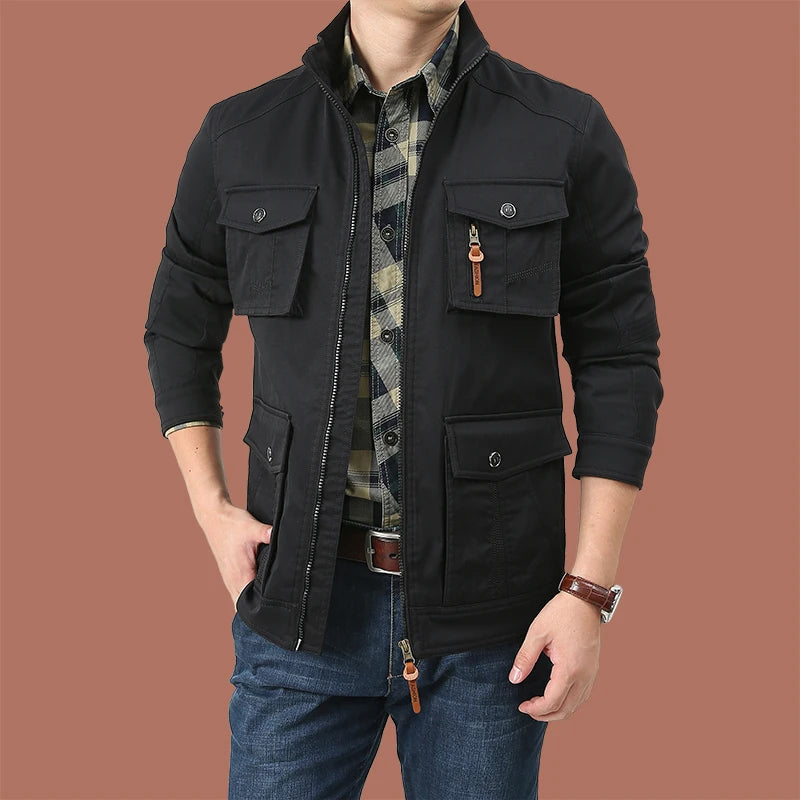 2025 New Workwear Jacket Outdoor Loose Breathable Multi Pocket Stand Up Collar Men's Coat Autumn Hunting Windproof Jacket M-5XL
