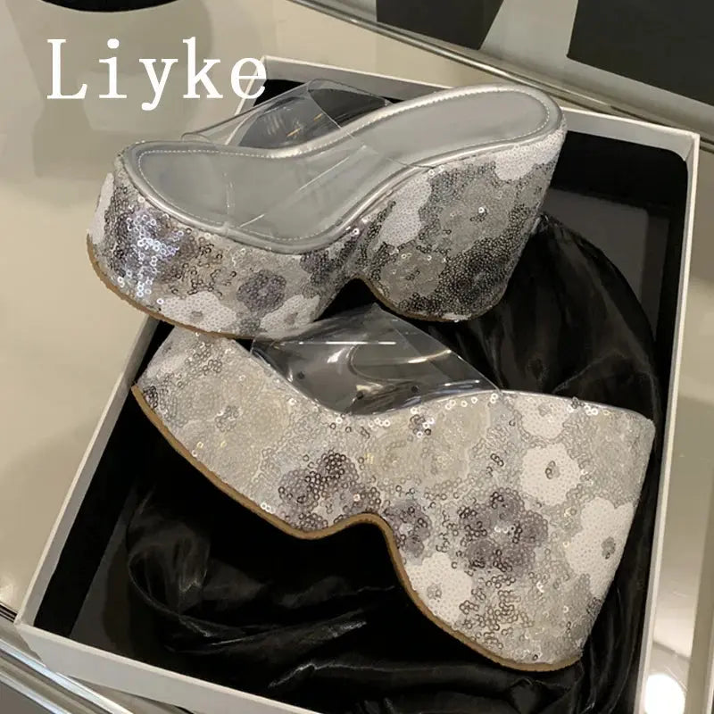 Liyke Fashion Design Mixed Colors Sequined Platform Wedges Slippers Sandals Summer Party Banquet Super High Heels Shoes Women Beauty hair & fashionfj