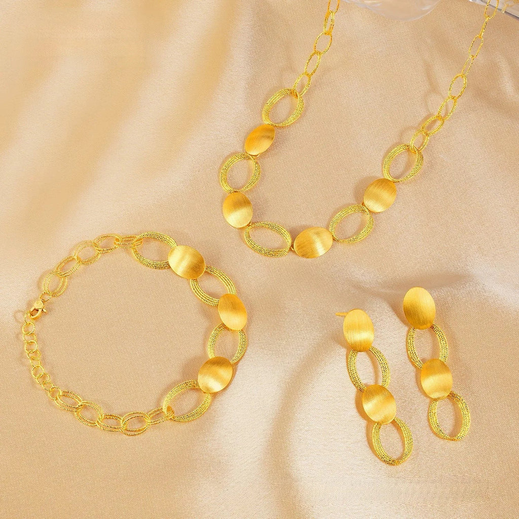 9999 24K real gold light and shadow halo women's light luxury brushed craftsmanship oval ring interlocking necklace earrings Beauty hair & fashionfj