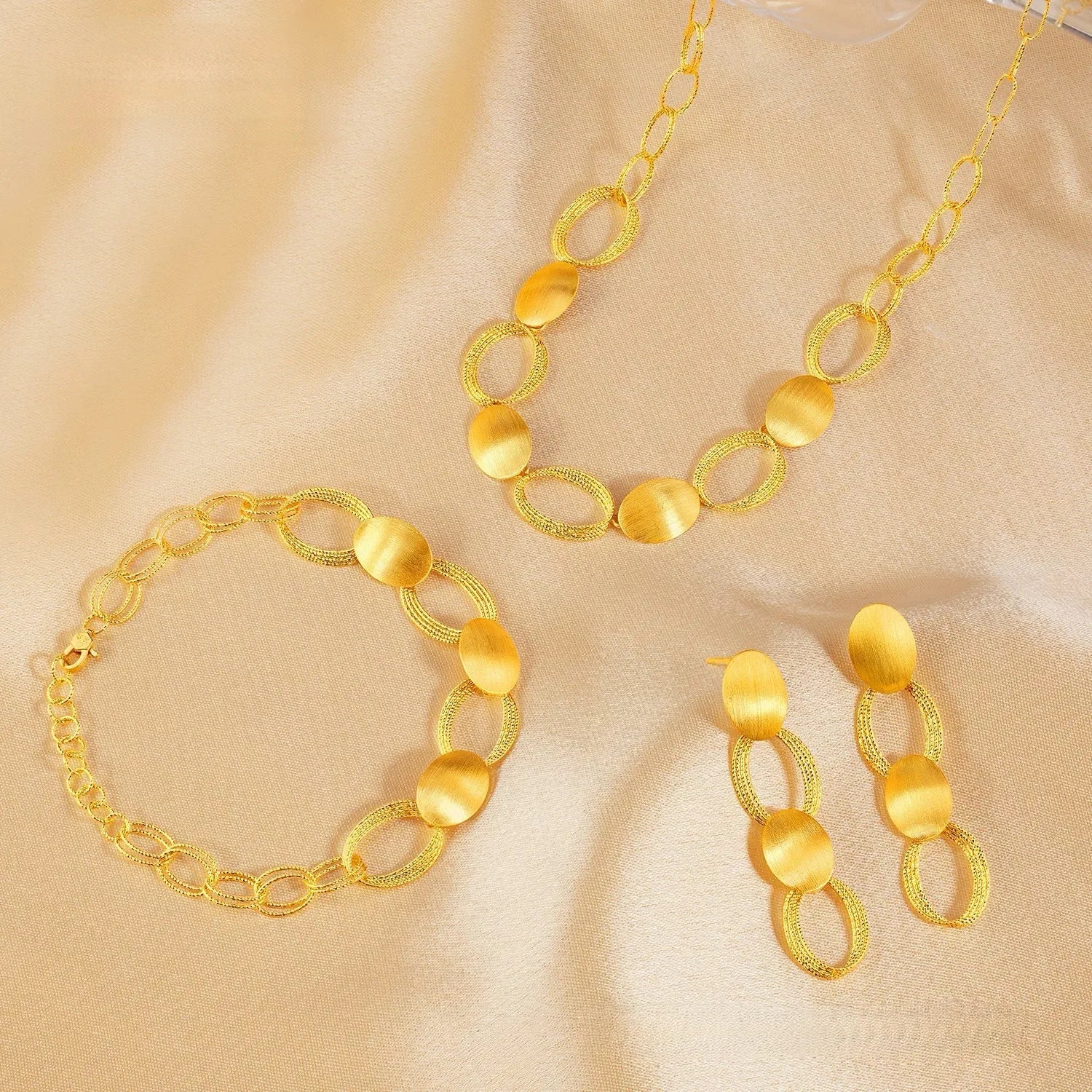 9999 24K real gold light and shadow halo women's light luxury brushed craftsmanship oval ring interlocking necklace earrings Beauty hair & fashionfj