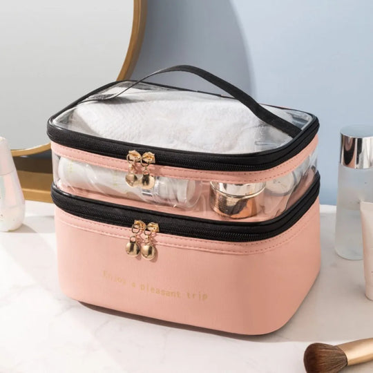 Waterproof Transparent Cosmetic Box PVC Double Layers Travel Toiletries Storage Bag PU Toiletries Organizer