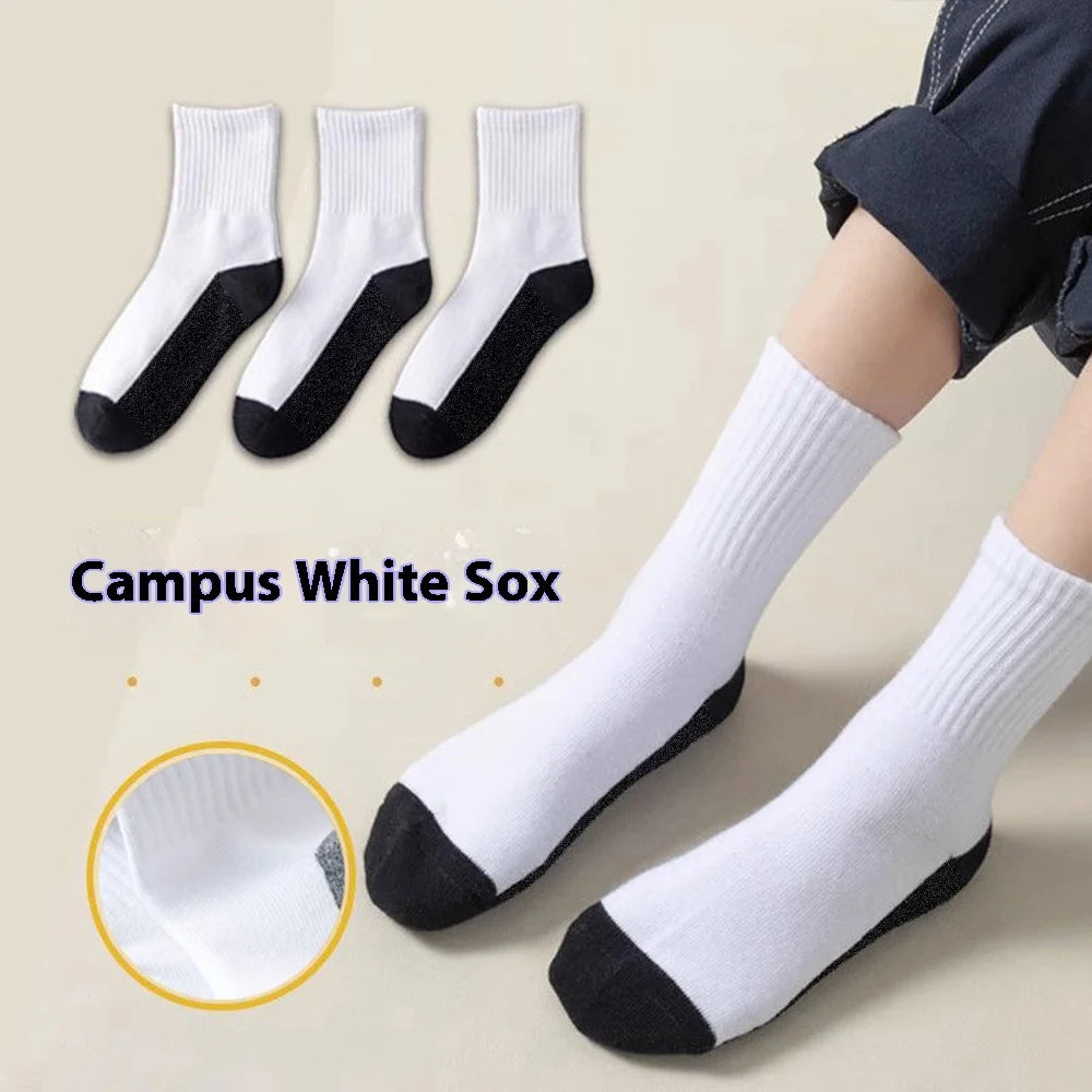 5 pairs of campus student white socks, boys' mid tube socks, mesh socks, breathable, spring and summer sports and leisure socks