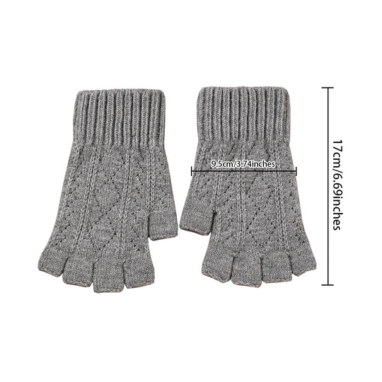 Rimiut Women Fashion Autumn Winter Half finger gloves knitted with grid pattern Solid color gloves