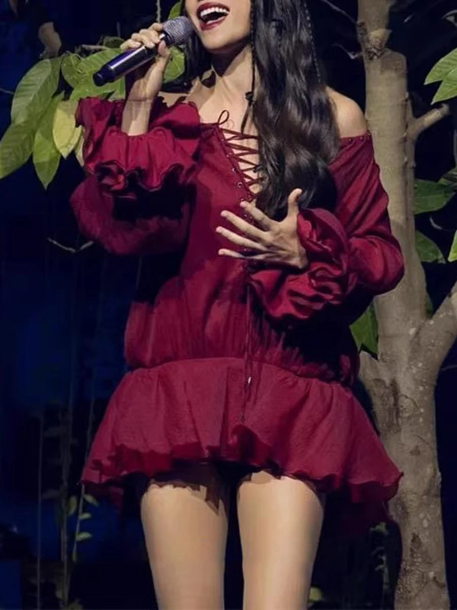 TWOTWINSTYLE Solid Lace Up Loose Dresses For Women Slash Neck Long Sleeve High Waist Designer Mini Dress Female Fashion Style Beauty hair & fashionfj