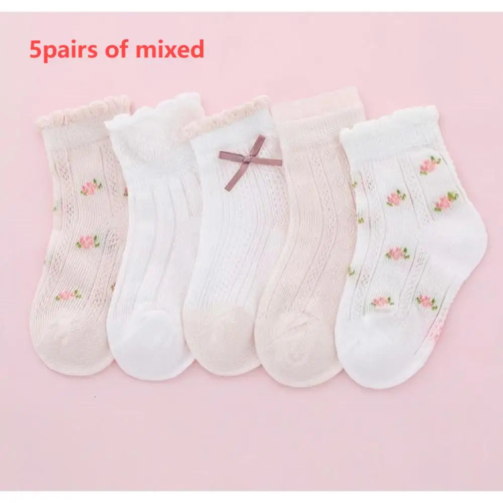 5 pairs of girls' summer thin socks, children's lace butterfly breathable mesh socks