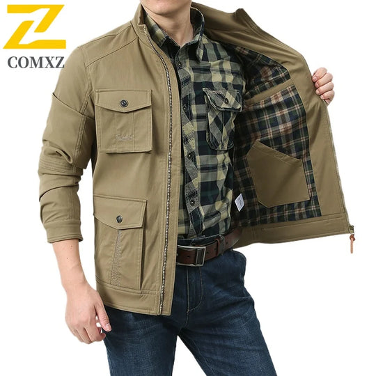2025 New Workwear Jacket Outdoor Loose Breathable Multi Pocket Stand Up Collar Men's Coat Autumn Hunting Windproof Jacket M-5XL