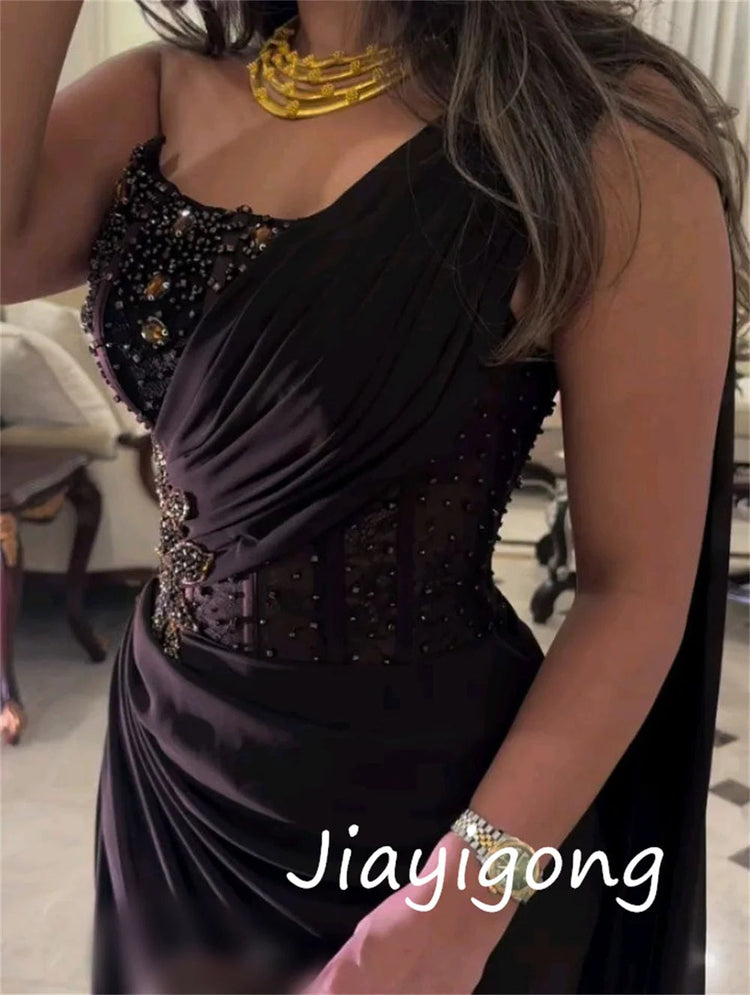 Customized Exquisite Jersey Sequined Pleat A-line One-shoulder Long Dresses Bespoke Occasion High Quality Beauty hair & fashionfj