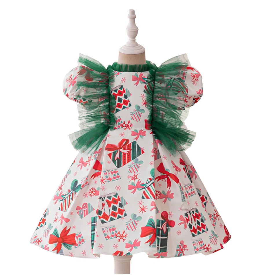 Christmas Dresses Girl Cartoon Print Princess Dress Children Red and Green Sequined Mesh Puff BalL Gown Carnival Clothes