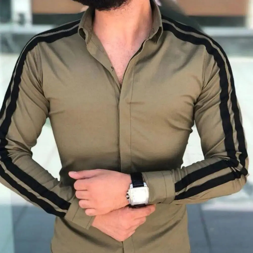 Long Sleeve Turn-down Collar Men Shirt Button Cuffs Side Striped Slim Office Shirt Leisure Clothing Casual Shirt korean popular Beauty hair & fashionfj