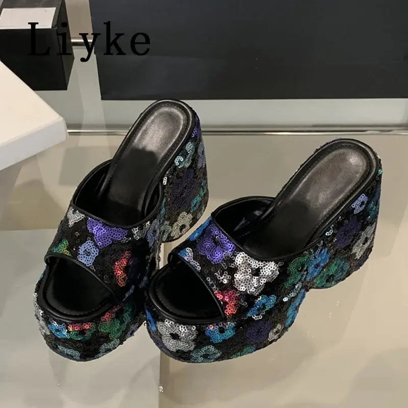 Liyke Fashion Design Mixed Colors Sequined Platform Wedges Slippers Sandals Summer Party Banquet Super High Heels Shoes Women Beauty hair & fashionfj