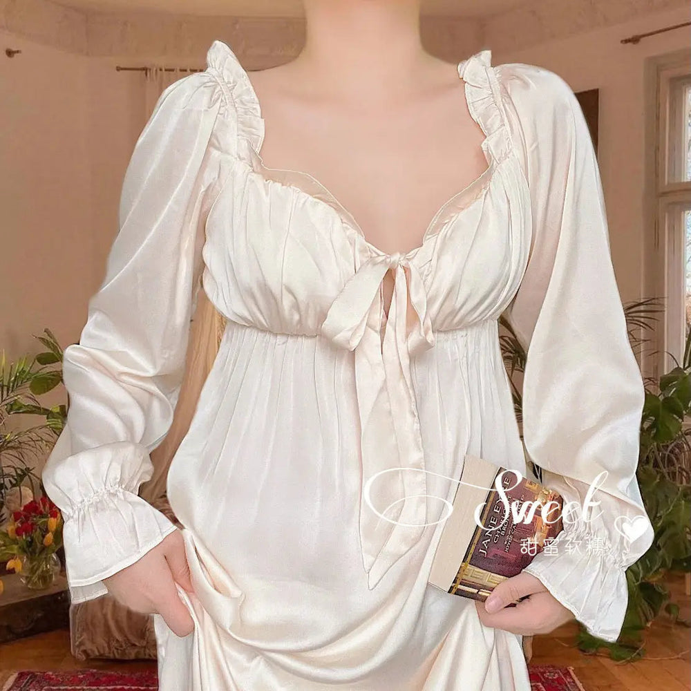 Women's Elegant Nightgown French Style Ladies Summer Long Sleeve Night Dress Bow Sexy Homewear Nightdress For Female S-2XL Beauty hair & fashionfj