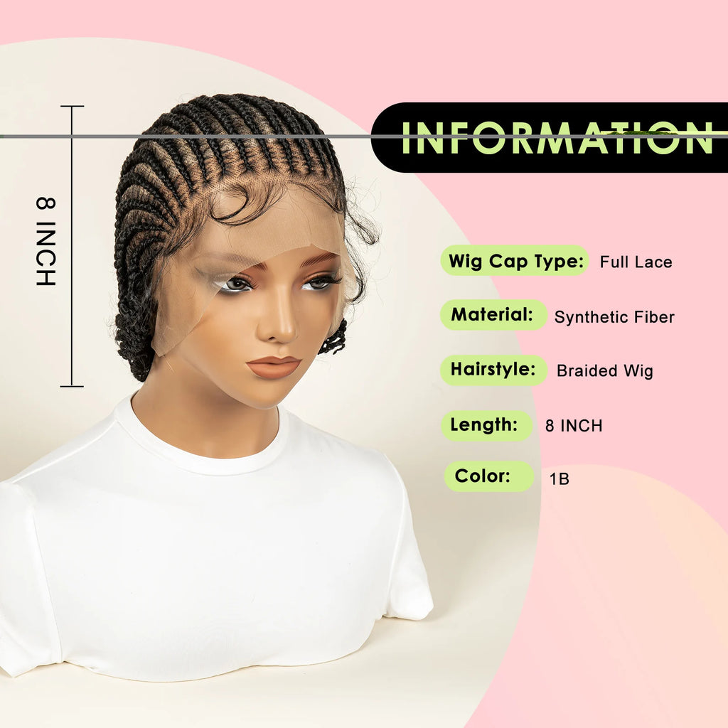 8 Inch Full Lace Synthetic Braided Wig with Baby Hair And Curly Ends Knotless Cornrow for Black Women Natural Looking Wigs