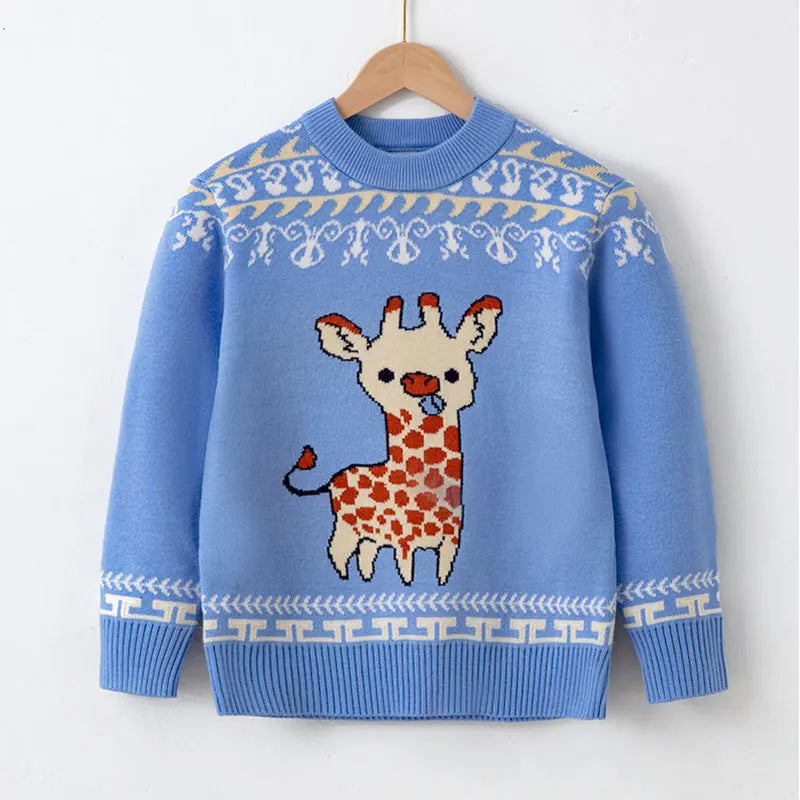 Kid Boys and Girls Casual Long Sleeves Top with Cartoon Prints in Christmas Blue Series Unisex Sweater for Children Comfortable