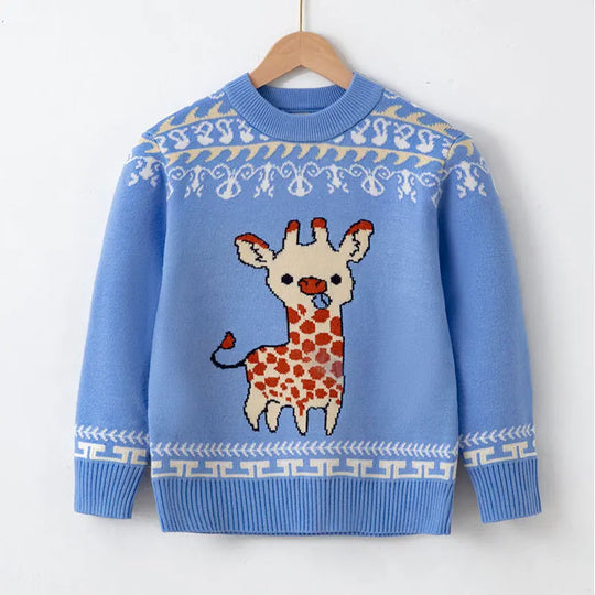 Kid Boys and Girls Casual Long Sleeves Top with Cartoon Prints in Christmas Blue Series Unisex Sweater for Children Comfortable