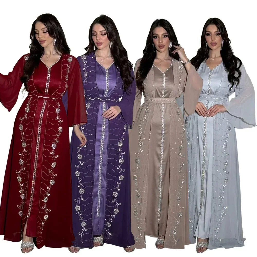 Muslim Set Dress Women Four-season Commute Muslim Set Fashion Party Dubai Turkey Long Sleeve Chiffon Cardigan Dress and Vest 2ps Beauty hair & fashionfj