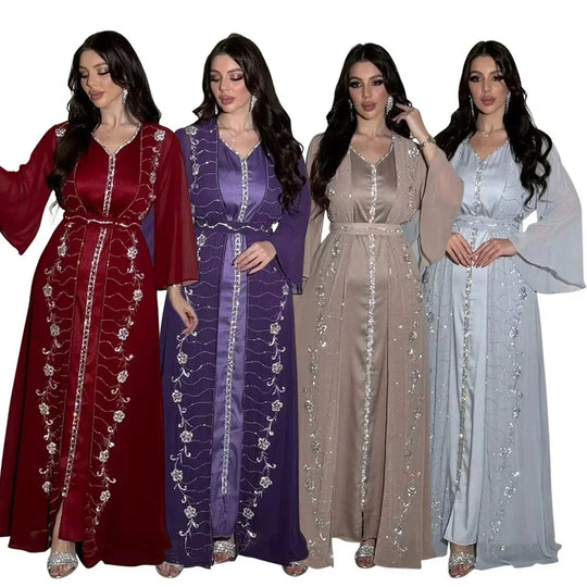 Muslim Set Dress Women Four-season Commute Muslim Set Fashion Party Dubai Turkey Long Sleeve Chiffon Cardigan Dress and Vest 2ps Beauty hair & fashionfj