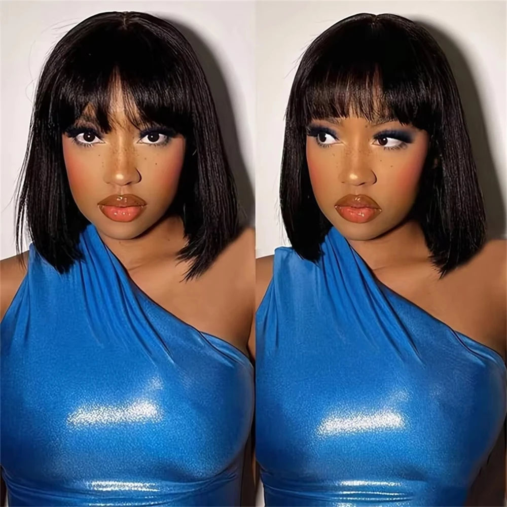Bone Straight Wig With Bangs Brazilian Fringe Bob Human Hair Wigs Full Machine Made Wigs Short Bob Wig For Women On Clearance