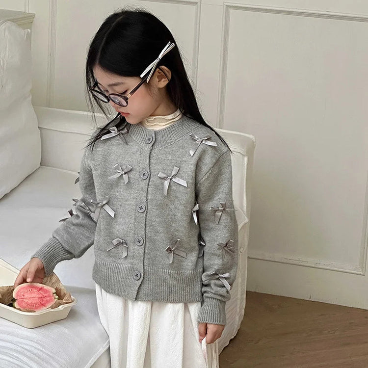 Elegant School Girl Cotton Sweaters Gray Color Cardigan with Bows for Girls Kids Knitwear Fashion Autumn Teen Baby Knit Clothes Beauty hair & fashionfj