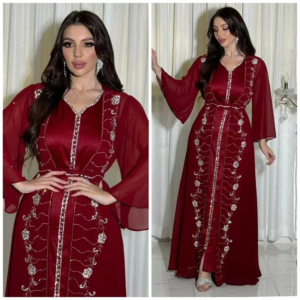 Muslim Set Dress Women Four-season Commute Muslim Set Fashion Party Dubai Turkey Long Sleeve Chiffon Cardigan Dress and Vest 2ps Beauty hair & fashionfj